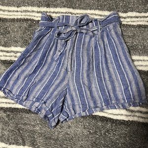 Periwinkle blue and white striped paper bag loose shorts with tie